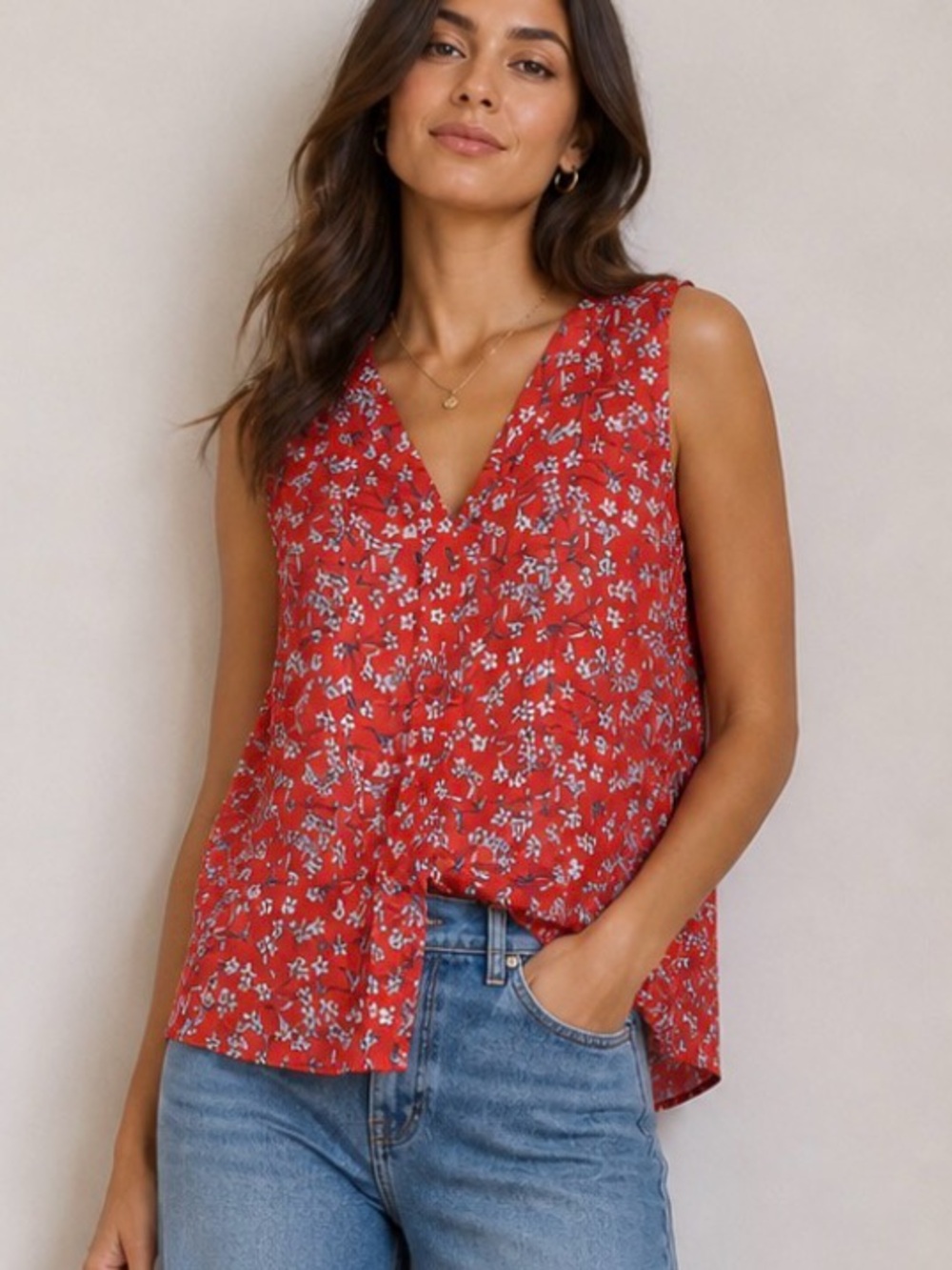 Banana Republic Red Floral Sleeveless V-Neck Top